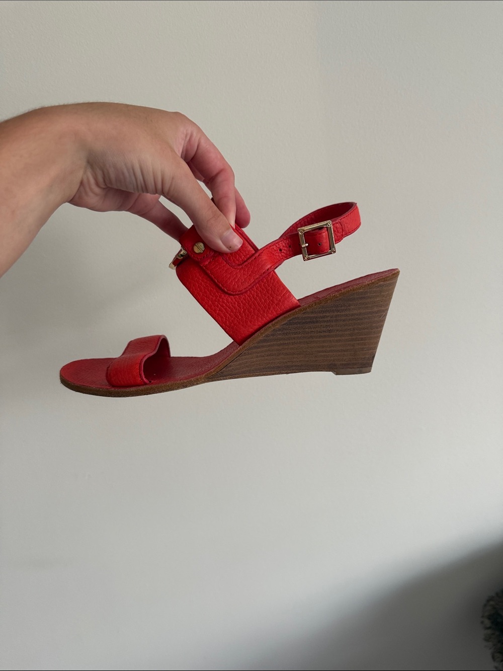 Tory Burch Red Leather Logo Slingback Wedge Sandals - Picture 4 of 6